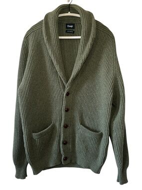 DRAKE’S Men’s Olive Shawl-Collar Ribbed 100% Lambswool Button Up Cardigan- Large